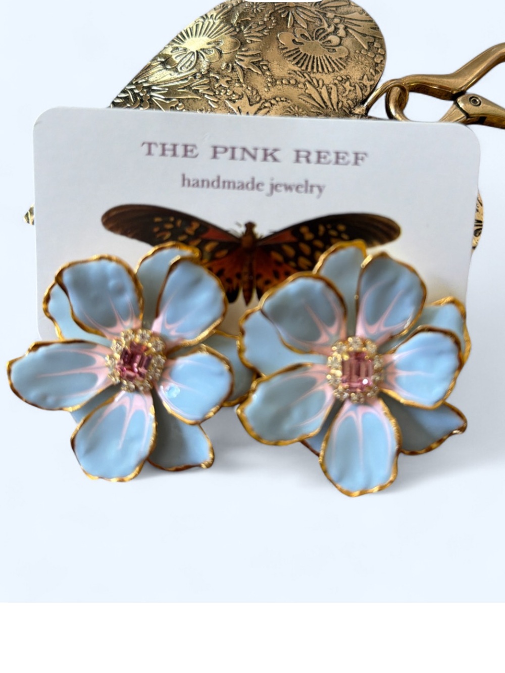 Anthropologie Earrings The Pink Reef Handpainted  Lt Blue Gold Made in USA NEW
